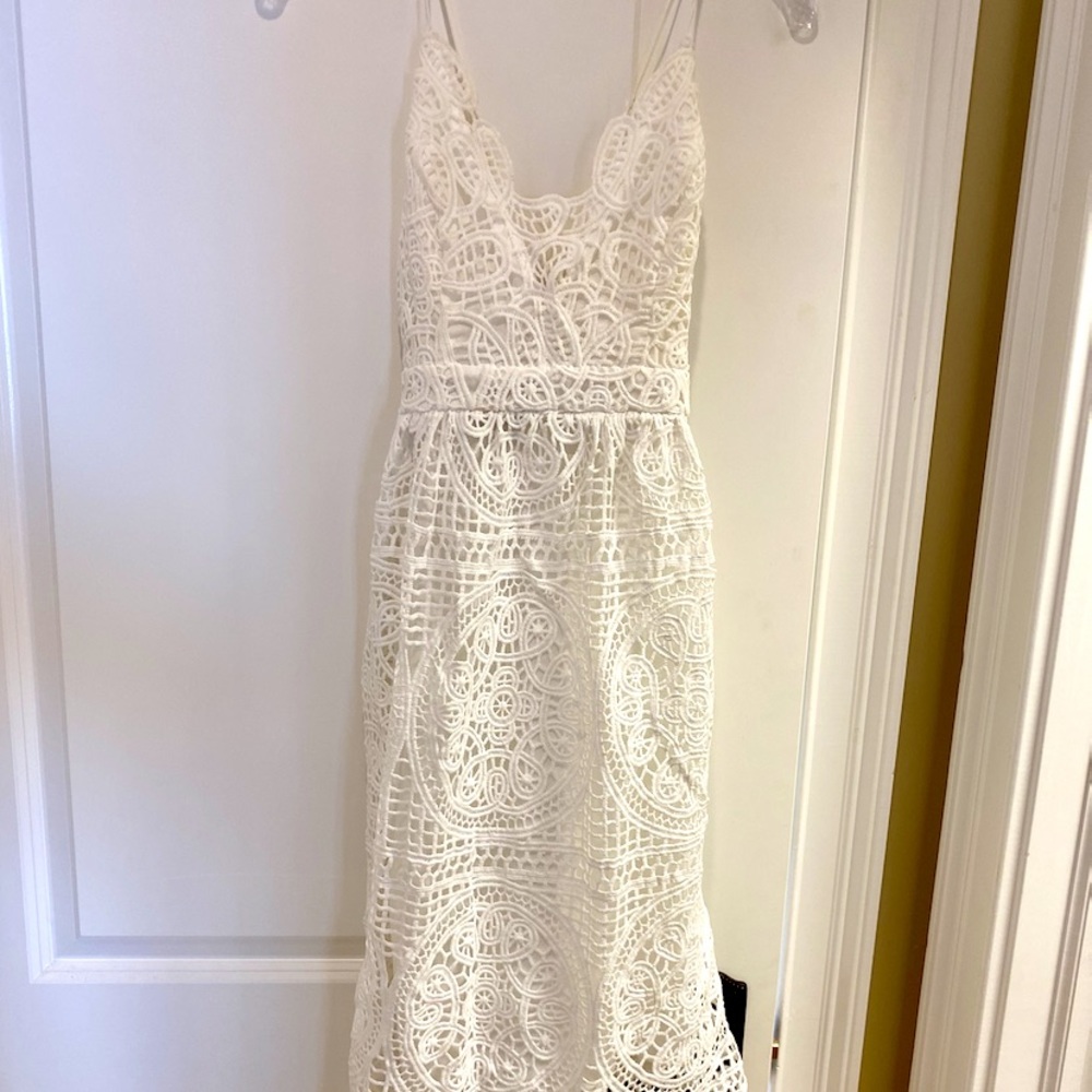 V Neck, Cross Strap, Lace Overlay white midi dress